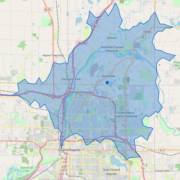 Nextline Vending service map for Northeast Grand Rapids and surrounding area