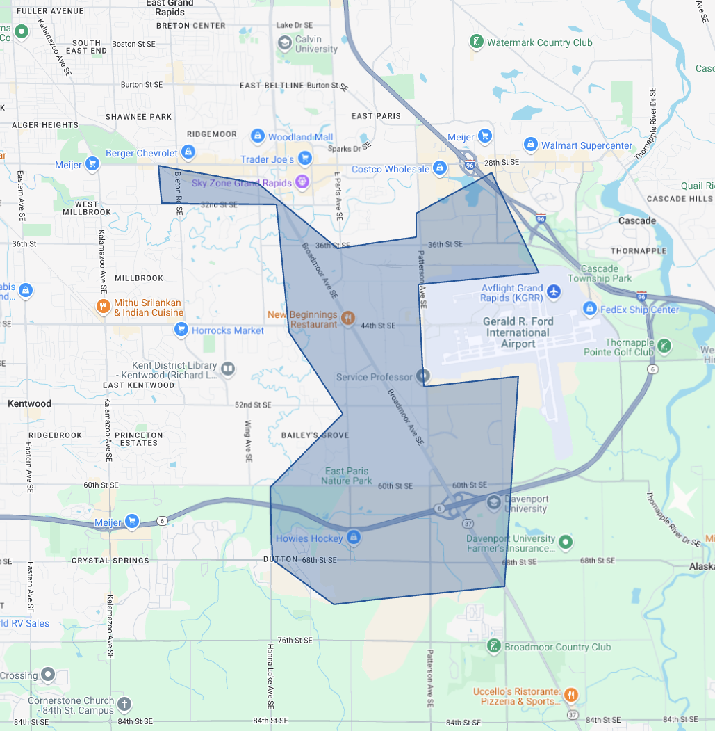 Map showing Nextline Vending service coverage around Gerald R. Ford Airport, Patterson Ave, and Kentwood business zones