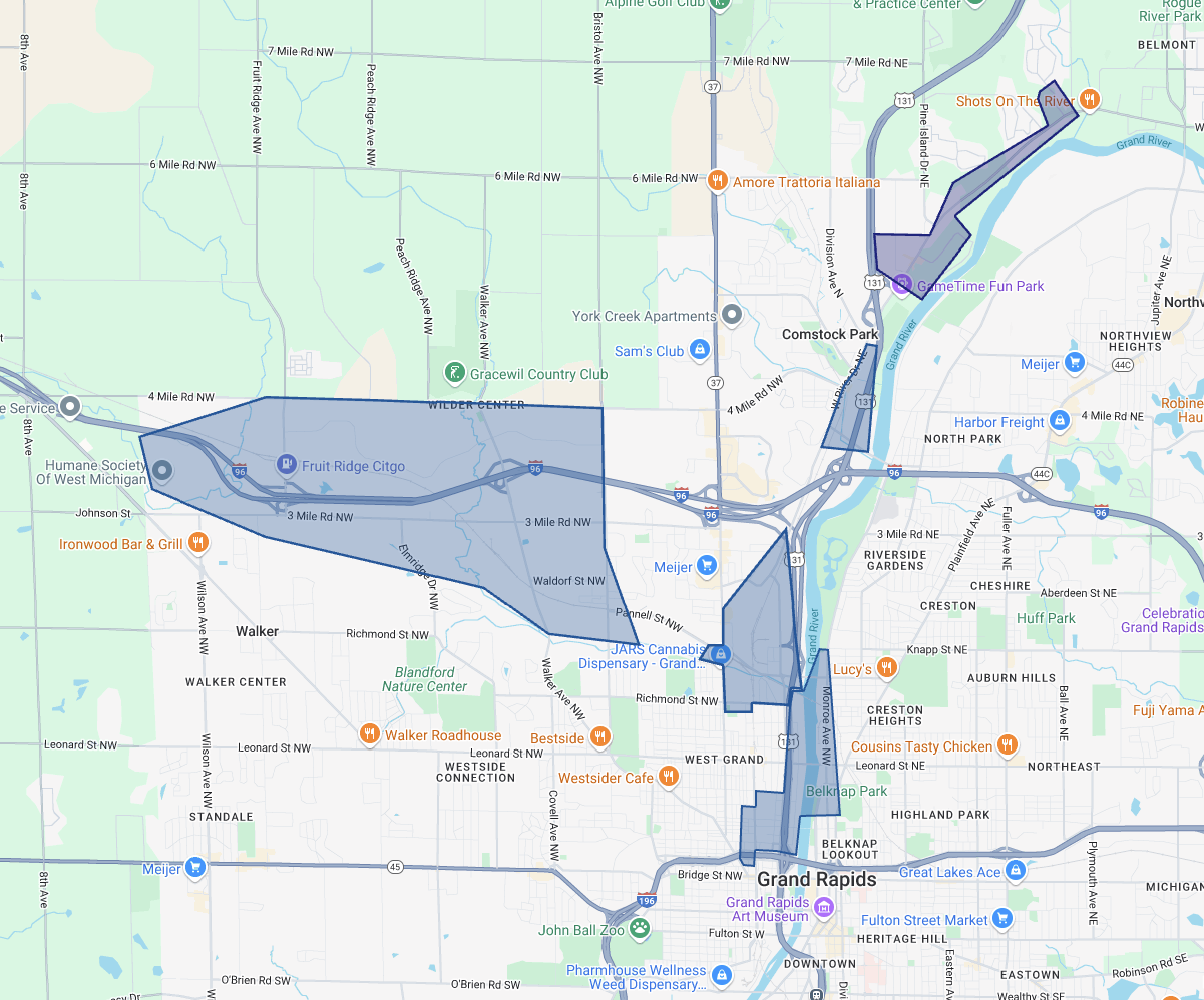Map showing Nextline Vending service coverage in Walker, Alpine Ave, and Comstock Park along US-131 and Alpine Ave NW